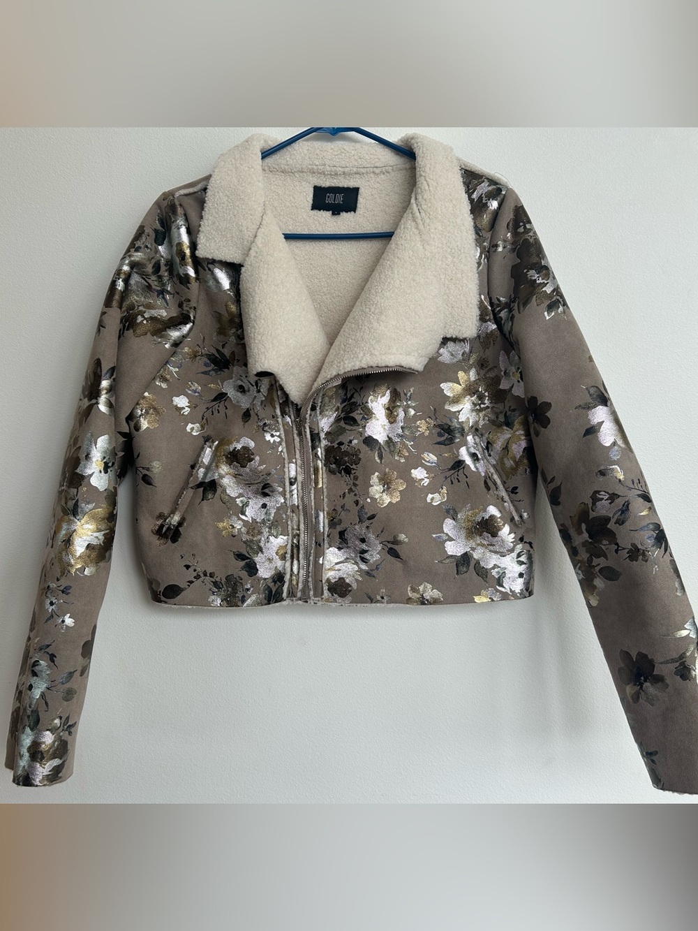 Goldie Taupe Floral Faux-Shearling Moto Jacket with Cream Collar